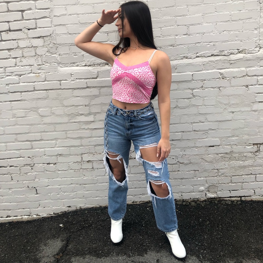 Kancan mom/ straight leg, light wash, distressed jeans